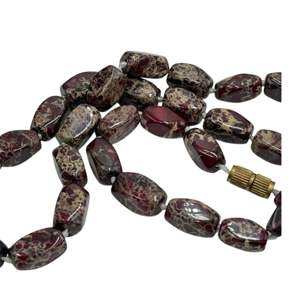 Vintage Brecciated Jasper Single Strand Hand‎ Knotted Screw Clasp Necklace